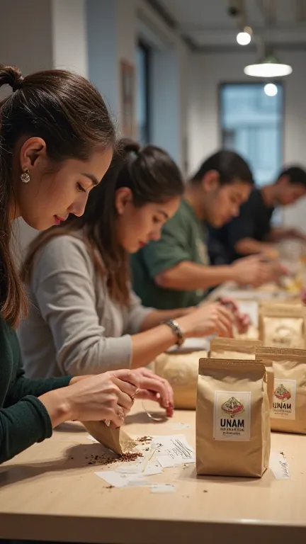 Students sealing coffee bags with personalized UNAM labels, table with packages,  clean and tidy environment , expression of pride on their faces.