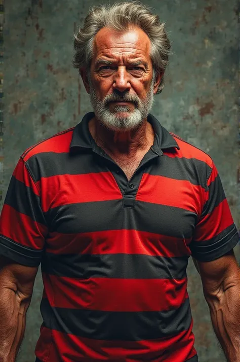 Charles Bronson wearing striped soccer jersey. Striped horizontally in red and black