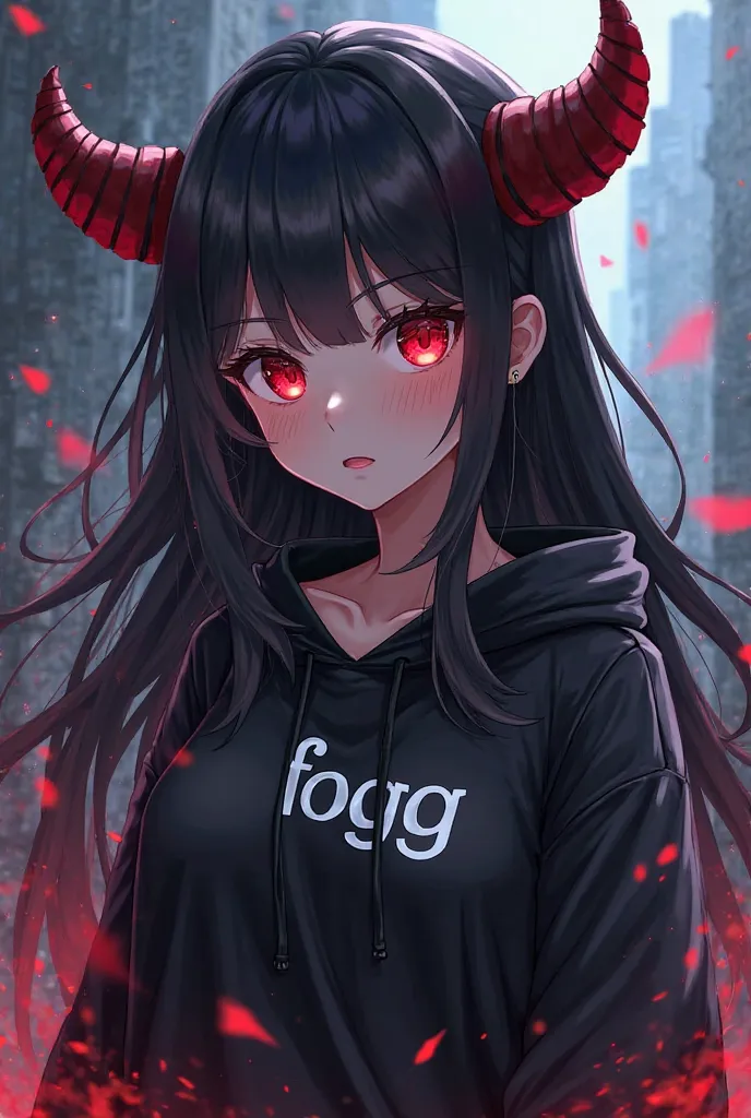 i want anime girl like japan she wear black hoodie and that hoodie has a word "Fogg" on she has red eyes and black hair ,has horns,like anime film in japan 