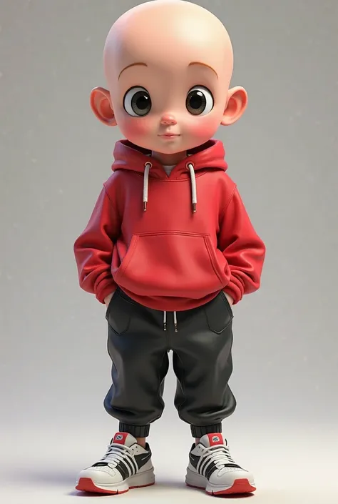 A male character with no hair, Round Head,  with large, round eyes ,in milky white leather wearing a red sweatshirt, black pants and sneakers ,In the style of character from Smash Bros Ultimate
