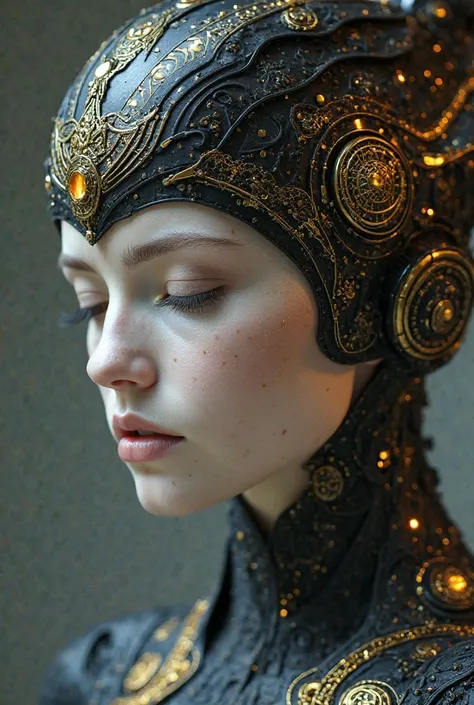 A regal, futuristic portrait of a serene female figure with a pale, porcelain-like face and delicate features, exuding an air of mystery and grace. Her head is adorned with an intricately designed, ornate headdress made of black and gold filigree, resembli...