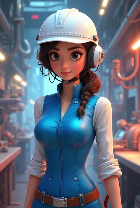 Female engineer with white helmet white shirt shiny animated blue vest similar to Disney