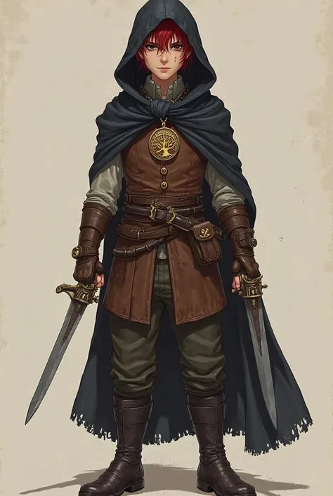 Wooden  wearing leather vest, black hooded blanket,  holding a dagger in each hand, He is short in stature, dark leather shoes, hair with red color flaws, scar on right eye , necklace with the coat of arms of a golden tree