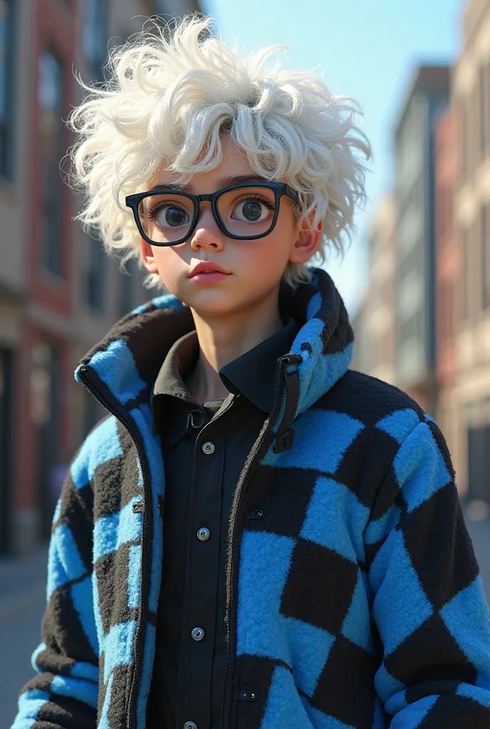 Let a high school boy with extremely curly white hair and black eyes and glasses make his jacket consist of black and blue squares