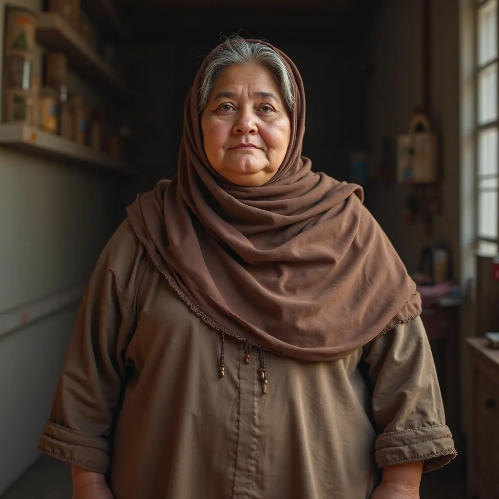 Create a mid-shot of an old chubby girl wearing a hijab.