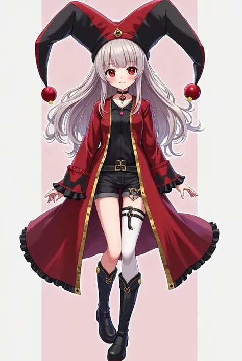 An anime girl, red-black long jacket with golden stripes on it and black shirt, in black shorts, with choker on thighs with crystal, with black-red long jesters hat, with red-white heterochromia,in long black boots with long white socks and with short blac...