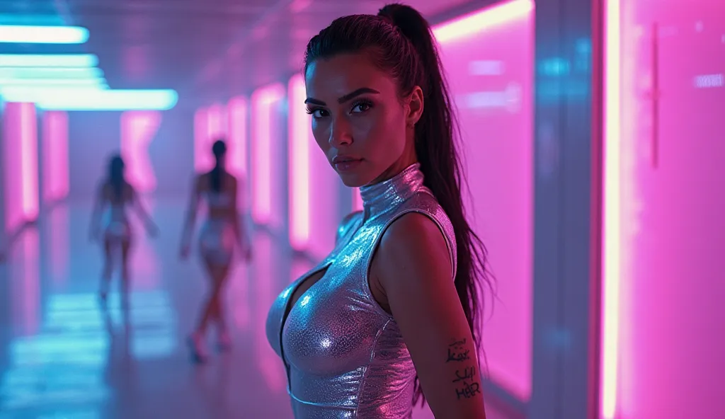 "Kim Kardashian posing provocatively in a futuristic setting, wearing a fitted metallic latex suit, wet hair, purple and blue neon background, ultra-realistic high fashion photography"