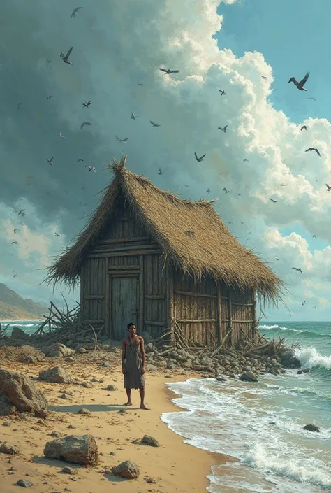 The wind roars fiercely, tearing apart Arik’s hut. The roof flies off, and the walls collapse. Pieces of wood and straw scatter across the shore. Arik stands in the middle of the rubble, looking sad and shocked. Make it more disorsted 