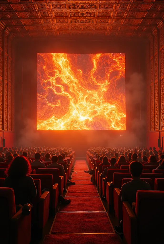 Interior of a cinema with a giant screen, decorated with lava 