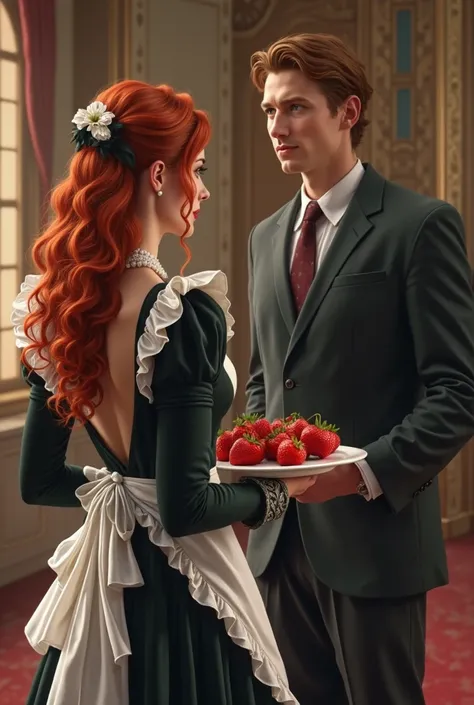 Make a book cover featuring a red-haired woman with her back dressed as a maid holding a fruit tray and some strawberries in front of a tall man in a suit, I can't see your face, Background in a room in the castle