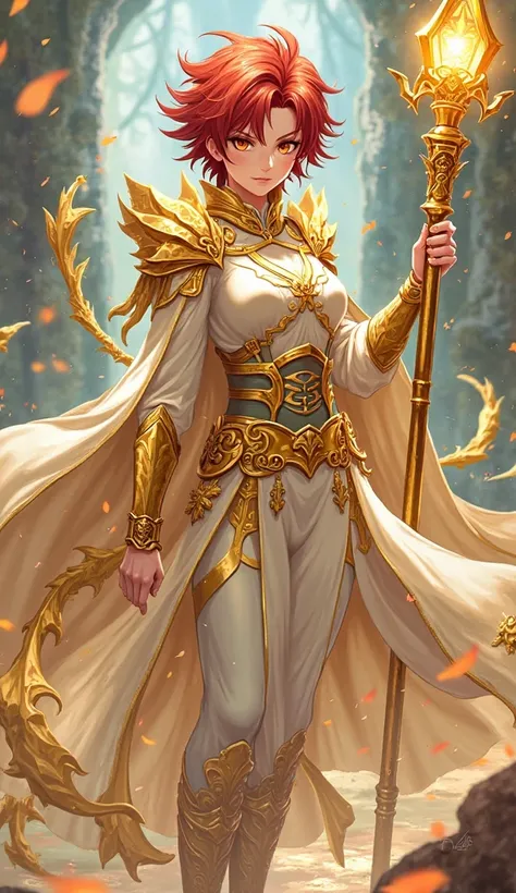 anime style image, a strong red-haired, short-haired warrior in a golden-white outfit holding a golden staff in his hand