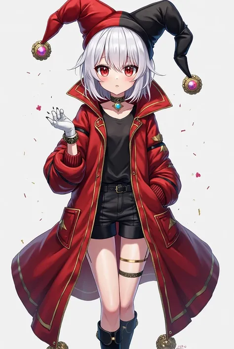 An anime girl, red-black long jacket with golden stripes on it and black shirt, with short white hair, in black shorts, with choker on thighs with crystal, with black-red long jesters hat, with red-white heterochromia,in long black boots with long white so...