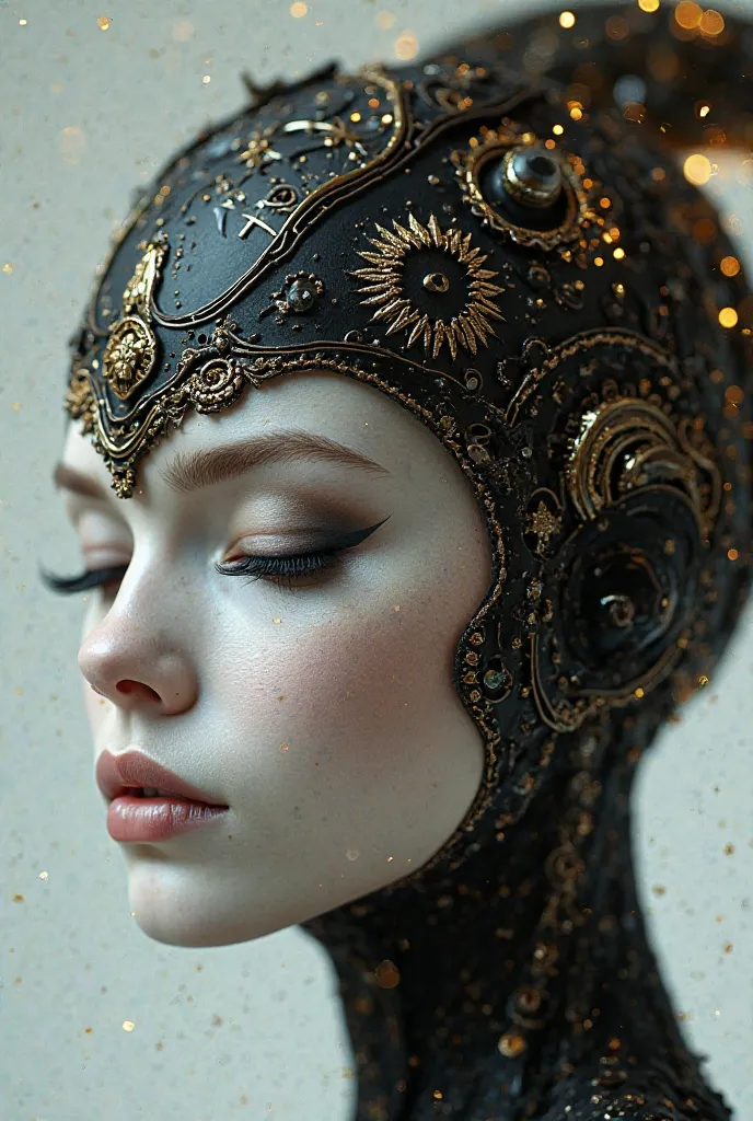 A regal, futuristic portrait of a serene female figure with a pale, porcelain-like face and delicate features, exuding an air of mystery and grace. Her head is adorned with an intricately designed, ornate headdress made of black and gold filigree, resembli...