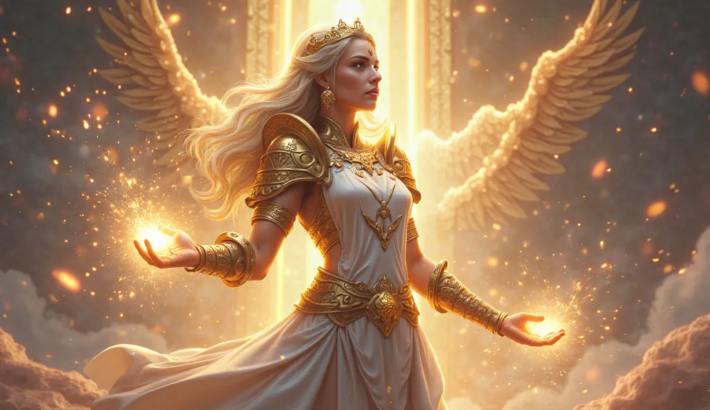 Lux from the game League of legends, super powerful, white tabard, plate armor, tiara. Directing a beam of light.