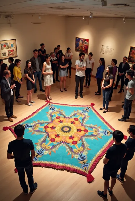 Create a formal conference for cultural exchange between agers from Guatemala and the United States. Emphasize that they are young in a room everyone is standing on the topic of giant kites from Guatemala, so put people talking and adorn with a giant kite ...