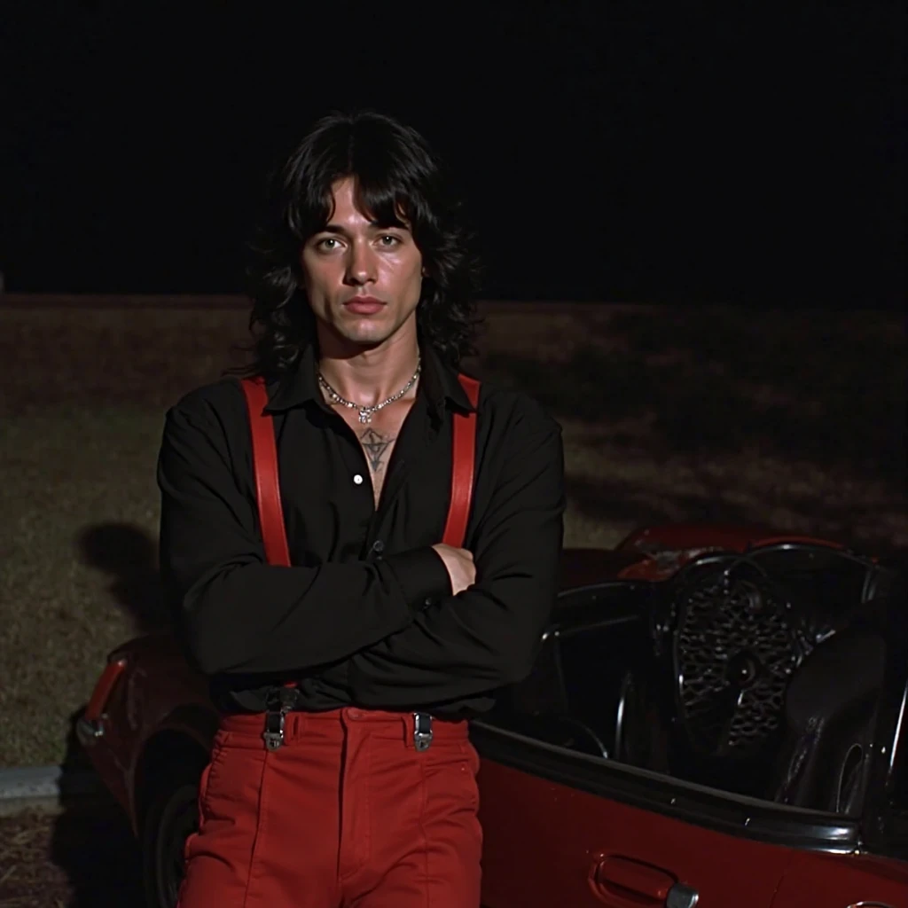 

dvd cloth capture, from a 1982 movie , j 20-year-old male,  long black hair with fringe , green eyes, black long-sleeved shirt and red pants with suspenders, wearing black leather boots,  tattoo on the right side of his neck . with crossed arms leaning a...