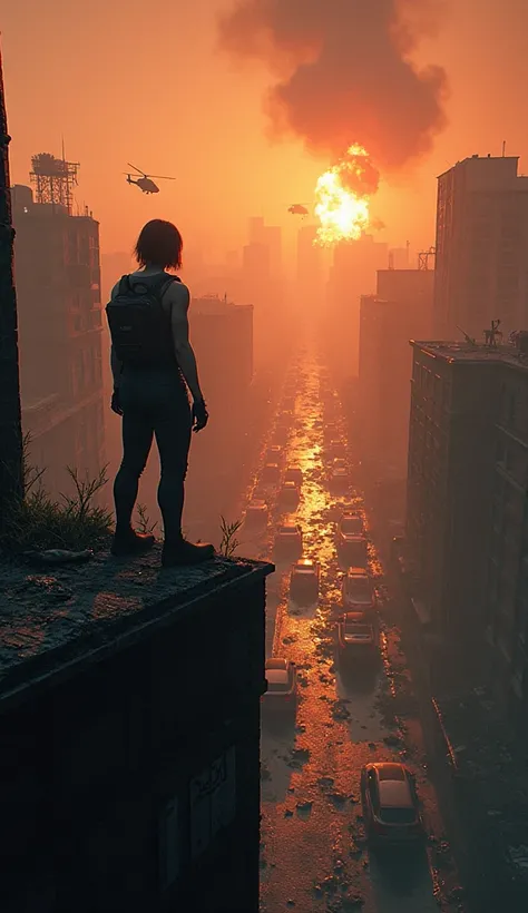 Point of View: As if you were watching the destruction of Raccoon City — You are standing on top of a destroyed building., looking at the burning city. Umbrella helicopters fly over the area, as distant explosions light up the streets taken over by zombies...