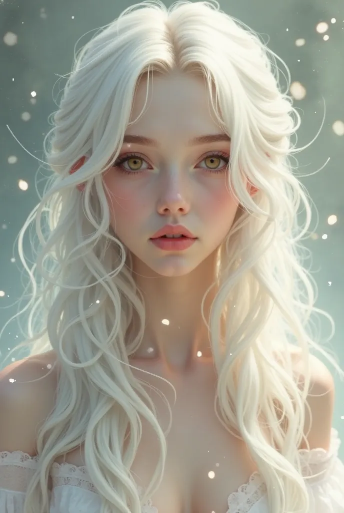 A girl with long and white hair, hazel eyes, light brown to blonde hair and a soft face 