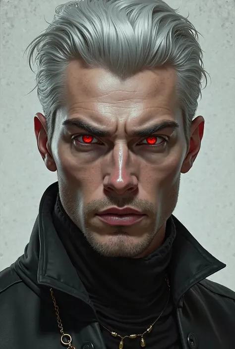 Handsome man with red irises and gray hair realistic