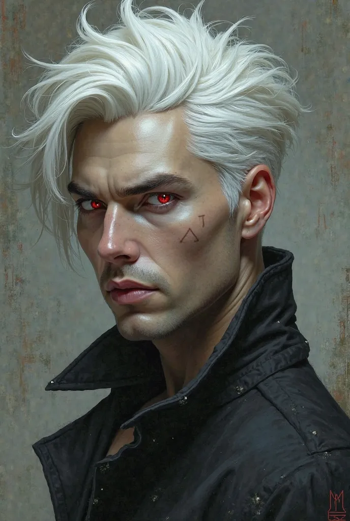 Handsome man with white hair and red irises