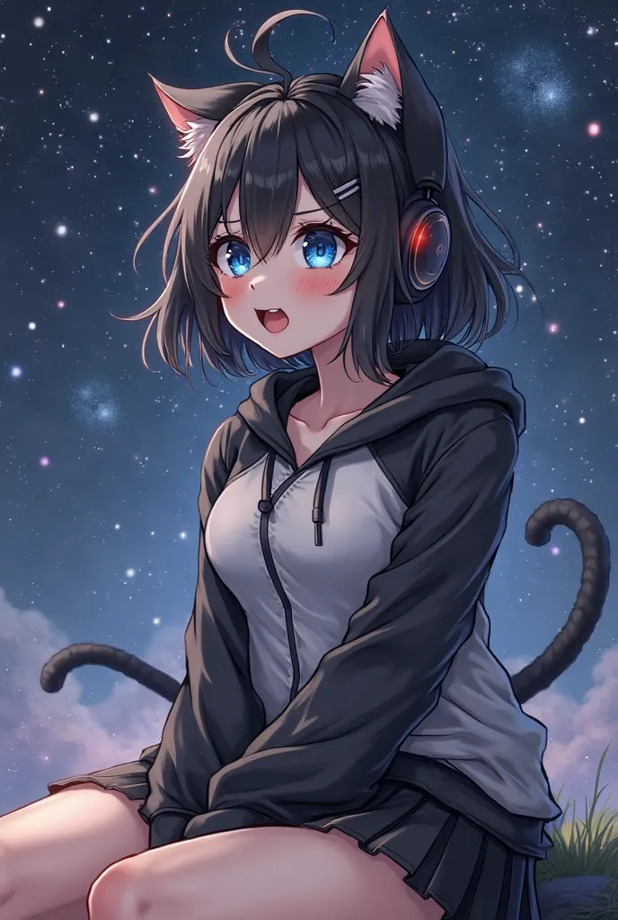 A cat girl with branchy black hair,  blue eyes, medium height,  looks at the stars ,open mouth, Breasts,   Reddish,   smirk, fangs, drool, Sitting with headphones , hairpin, black and white hoodie and black skirt,  chelka, 