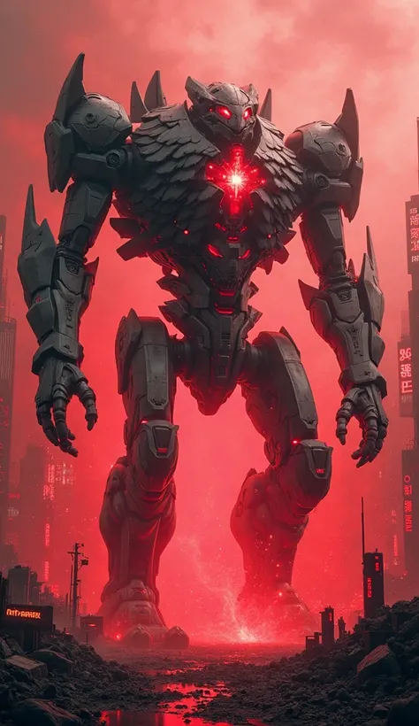 Create a high-tech, menacing scene in a monochromatic red and black palette. Centralize a colossal robotic entity with a monolithic exoskeleton made of jagged, overlapping metallic plates resembling dragon scales. The robot's core emits a blinding crimson ...