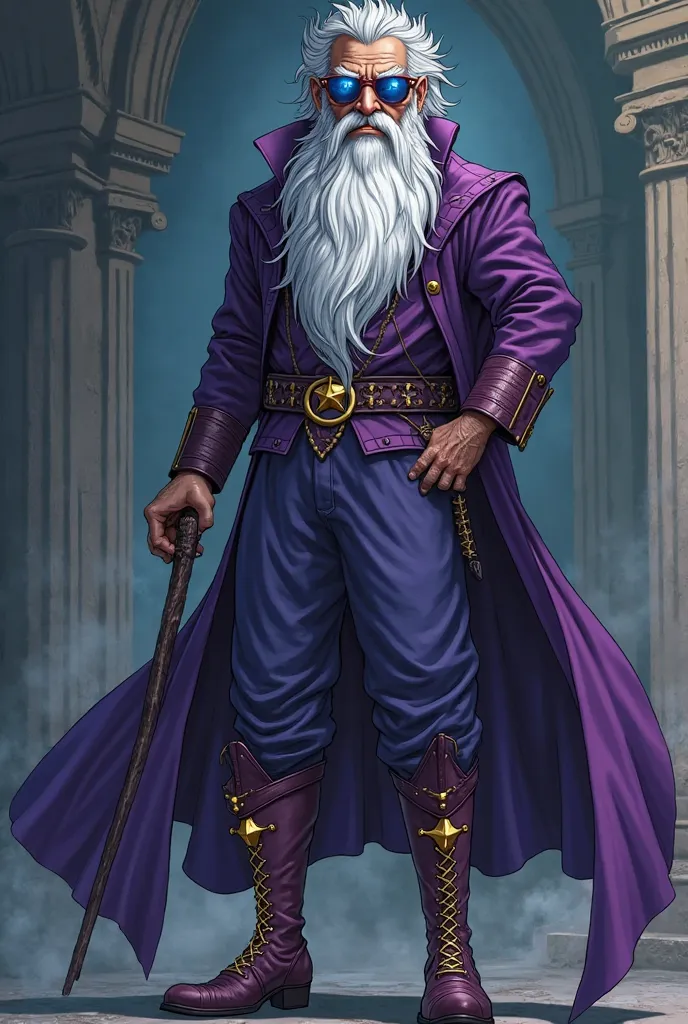 he was tall,  thin and very old ,  judging by the silver of his hair and beard ,  long enough to attach to the belt . He wore long robes, a purple cape that dragged along the floor and high-heeled boots with bright, sparkling buckles.  His blue eyes were c...