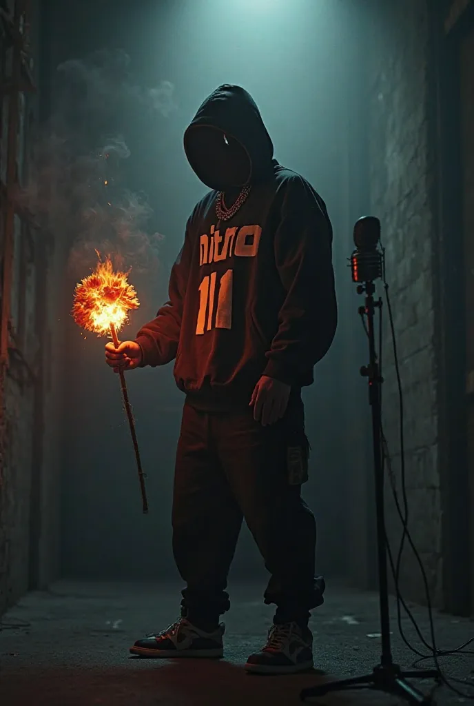 A man in a dark place with a hidden face holding a burning flower in his hand. His clothes are like a rapper's clothes with the word "nitro 111" written on them. In front of him is a microphone.