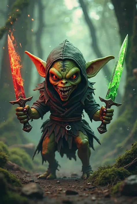 A killer goblin with two daggers, one flaming red and the other green, poisonous 