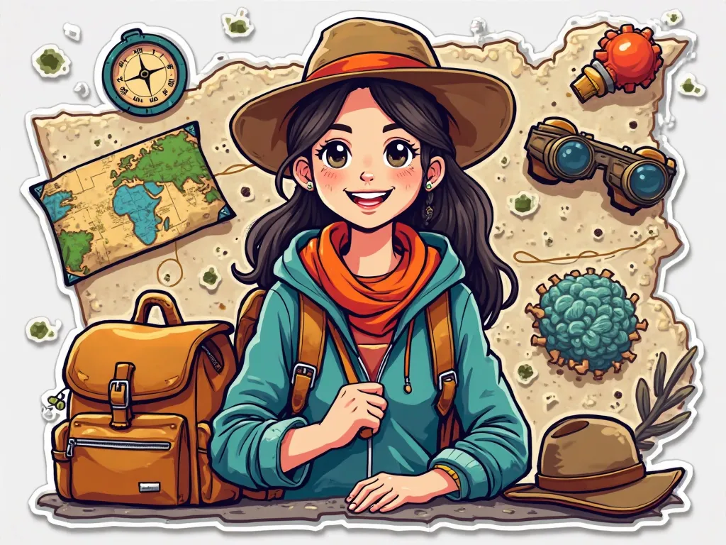 Create the text "Marta the Explorer" in a very colorful sticker style with typical explorer accessories around it such as a map,compass,binoculars,knapsack. 