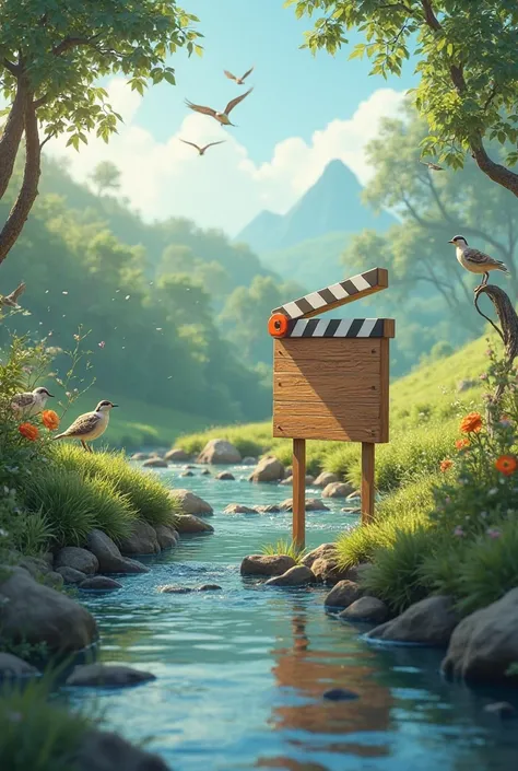 nature, Stream and birds with a clapperboard in the middle