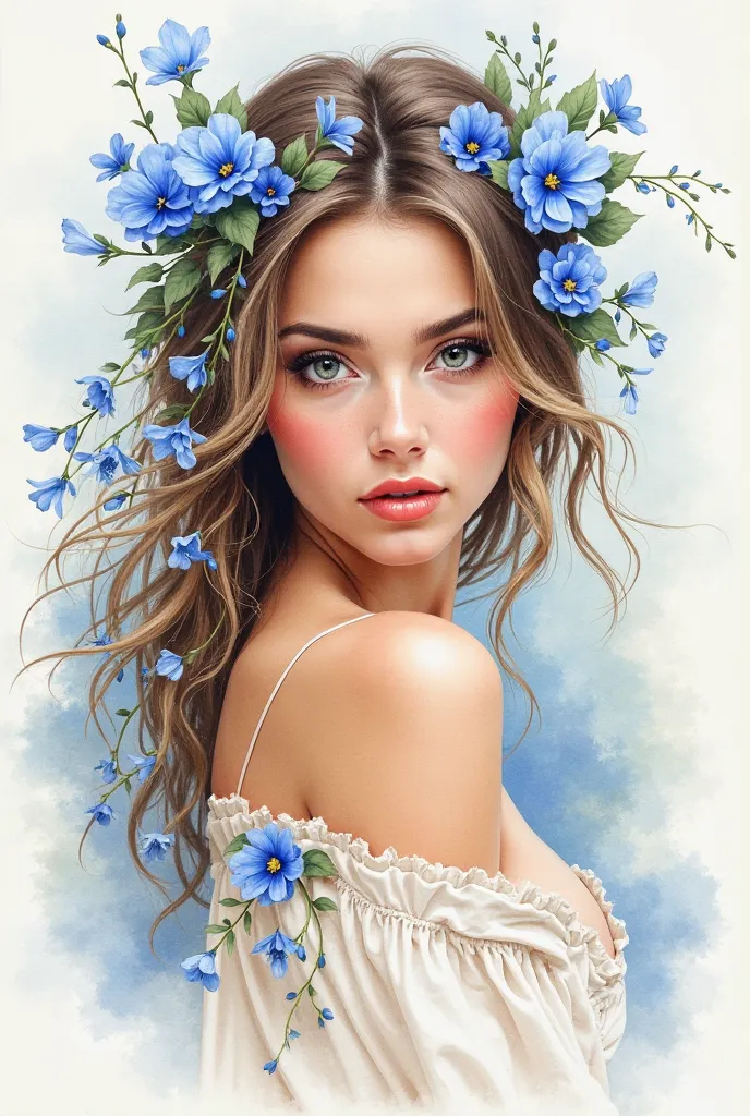 Can you give me Aquvarell pictures of women in boho style. Women individually. Preferably with blue flowers