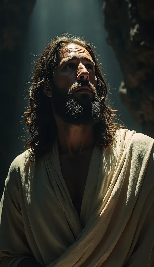 "A powerful image of Jesus in a mysterious and profound place, like a cave illuminated only by his presence, showing that He is even in the most hidden places.  your face reflects love and compassion , and the scene must have a cinematic tone with ultra-re...