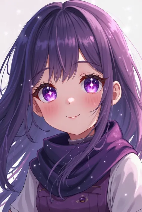 A  girls,with purple star eyes,dark purple star eyes,white and purple clothes,dark purple scarf,long dark purple hair,with a cheerful smile and face