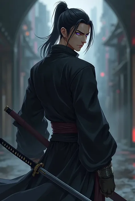 Anime man with black hair tied back, lean physique,  dark purple hunter eyes, wearing black long coat and holding a dark colour katana