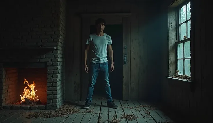 Full body plan of a front view of Álex Salazar, a twenty-year-old young man with light brown skin dressed casually in blue jeans and a light gray t-shirt, it's night and it's very dark there is a fireplace barely visible on the left side that illuminates t...