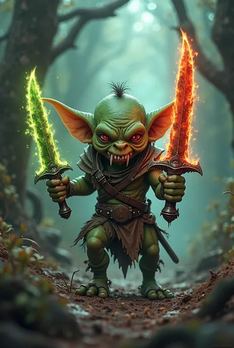 A killer goblin with two daggers, one flaming red and the other green, poisonous 