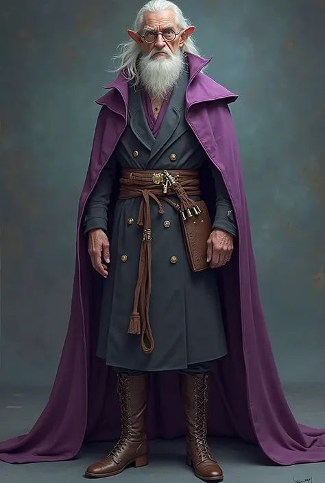 he was tall,  thin and very old ,  judging by the silver of his hair and beard ,  long enough to attach to the belt . He wore long robes, a purple cape that dragged along the floor and high-heeled boots with bright, sparkling buckles.  His blue eyes were c...