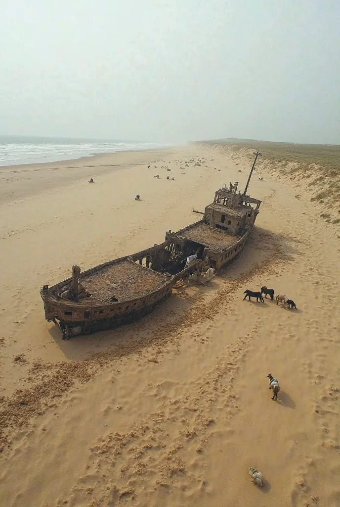 Sable Island (Canada)

"A long, crescent-shaped island covered in shifting sand dunes, with wild horses roaming freely. The scene captures an abandoned shipwreck half-buried in the sand, symbolizing the many lost