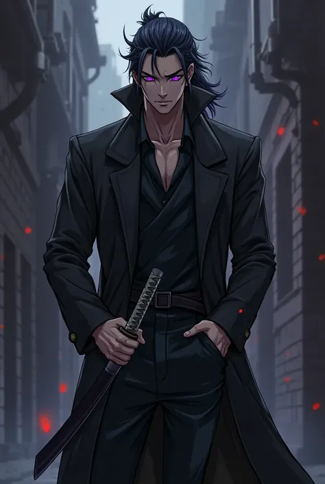 Anime man with black hair tied back, lean physique, dark purple hunter eyes, wearing black long coat and holding a dark colour katana