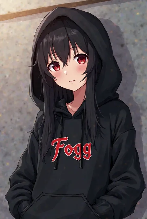 i want anime girl like japan she wear black hoodie and that hoodie has a word "Fogg" on she has red eyes and black hair like anime film in japan more anime,"Fogg" more anime more anime like film in japan long hair i use it for avatar