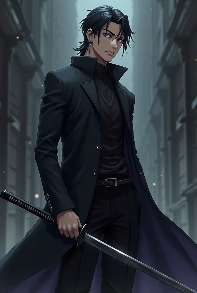 Anime man with black hair tied back, lean physique, dark purple hunter eyes, wearing black long coat and holding a dark colour katana