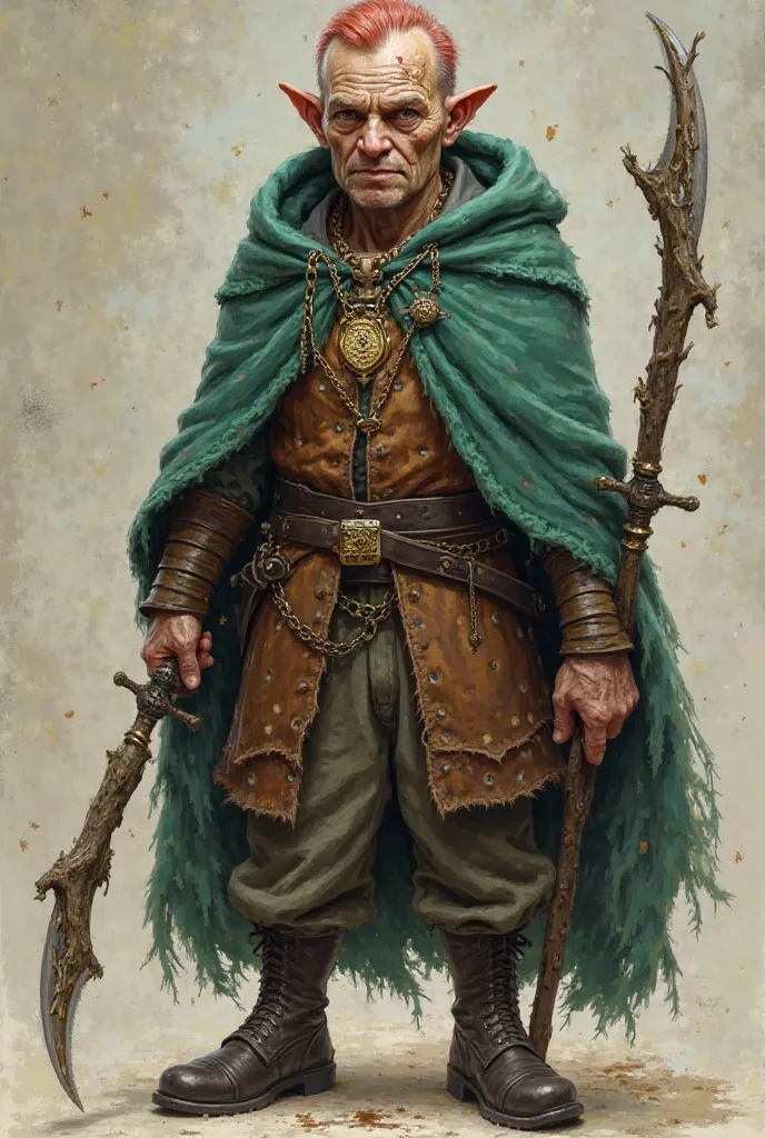 Person looking like an old man of short stature with wooden skin wearing leather vest, jade green hooded blanket, holding a dagger shaped like a tree branch in each hand, He is short in stature, dark leather shoes, with little red-colored hair showing vari...