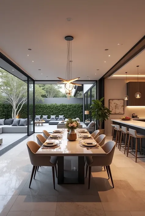 Give me a picture of a one point perspective of dining room with kitchen and bar overlooking dining table and patio with outdoor