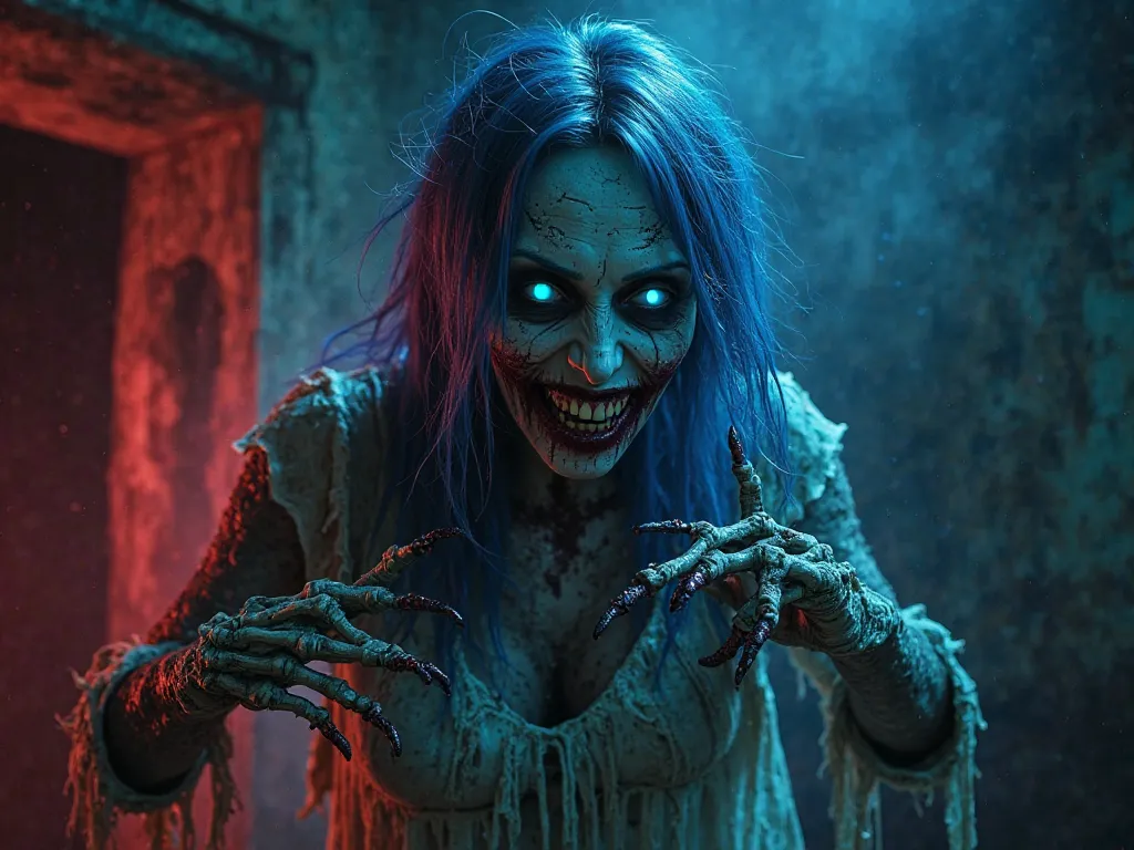 "A terrifying female ghost with long, messy blue hair and glowing blue eyes. Her face is pale with deep cracks, and she has a sinister, blood-stained grin revealing sharp, rotten teeth. Her decayed, skeletal hands with long, sharp claws are gripping someon...