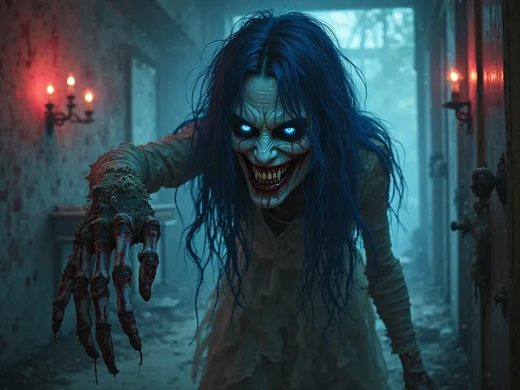 "A terrifying female ghost with long, messy blue hair and glowing blue eyes. Her face is pale with deep cracks, and she has a sinister, blood-stained grin revealing sharp, rotten teeth. Her decayed, skeletal hands with long, sharp claws are gripping someon...