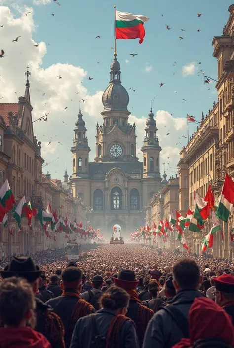 A realistic image of a celebration on March 3rd, Liberation Day in Bulgaria. The scene depicts a crowd of people in Sofia, with the National Assembly building in the background. The streets are filled with flags of Bulgaria, and military parades are taking...