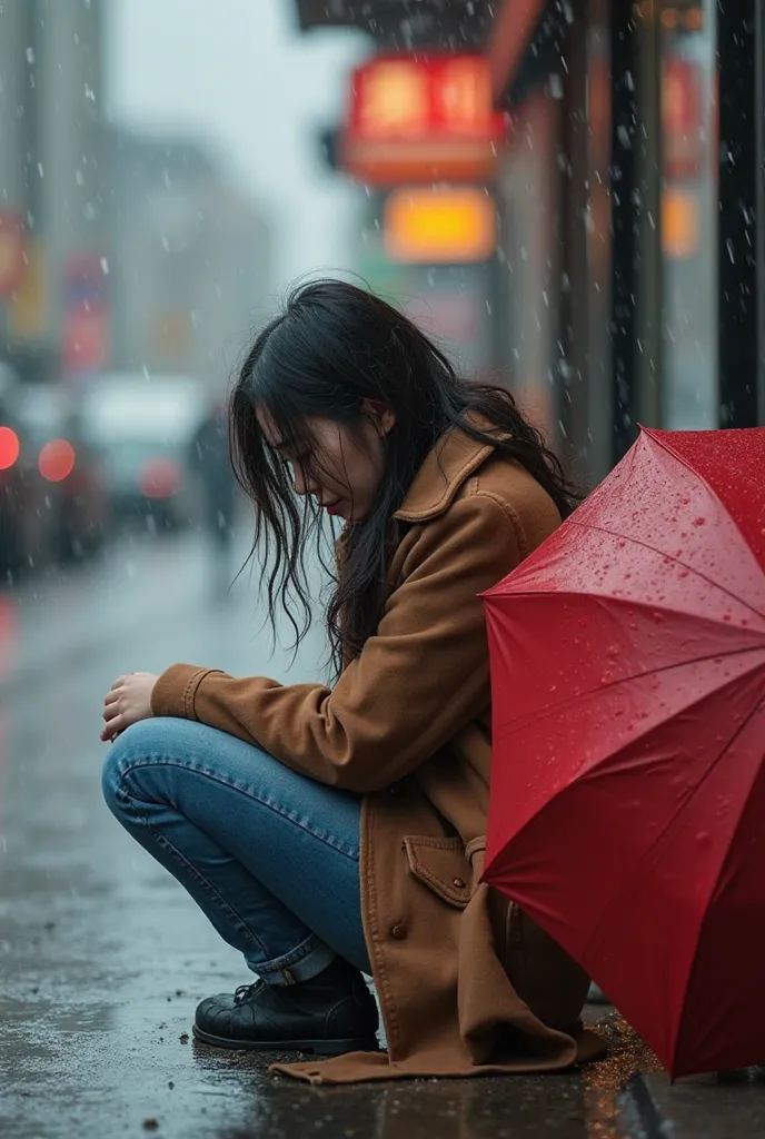 A young Korean woman sitting crying on the street floor, with a broken red umbrella next to you, is it raining, But it's morning she's crying, Are you wearing a brown coat and blue jeans with wet and loose hair