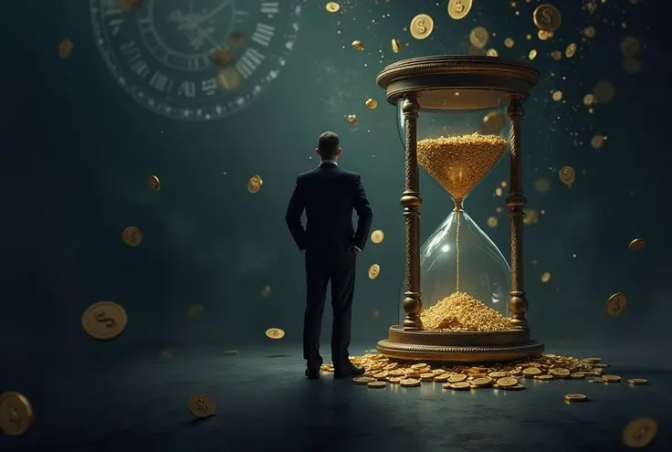 Create a dark and moody image that represents the connection between time and money. In the center, depict a large, ornate hourglass filled with shimmering gold coins instead of sand, symbolizing the precious nature of both time and wealth. Surrounding the...