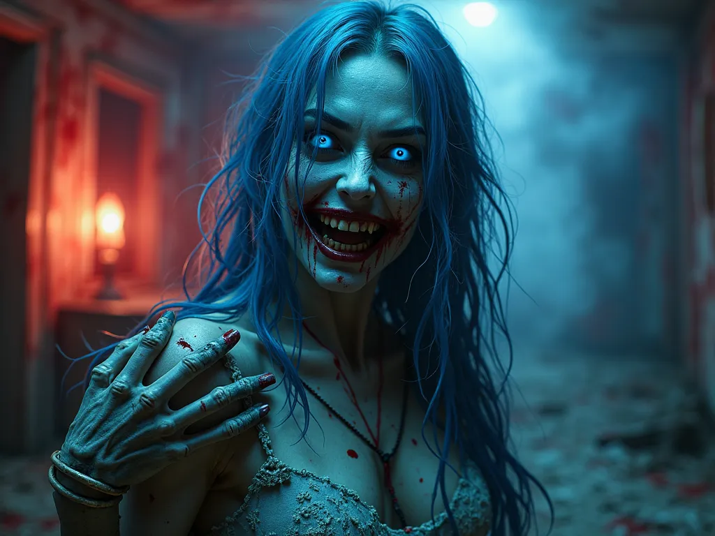 "A terrifying female ghost with long, messy blue hair and glowing blue eyes. Her face is pale with deep cracks, and she has a sinister, blood-stained grin revealing sharp, rotten teeth. Her decayed, skeletal hands with long, sharp claws are gripping someon...